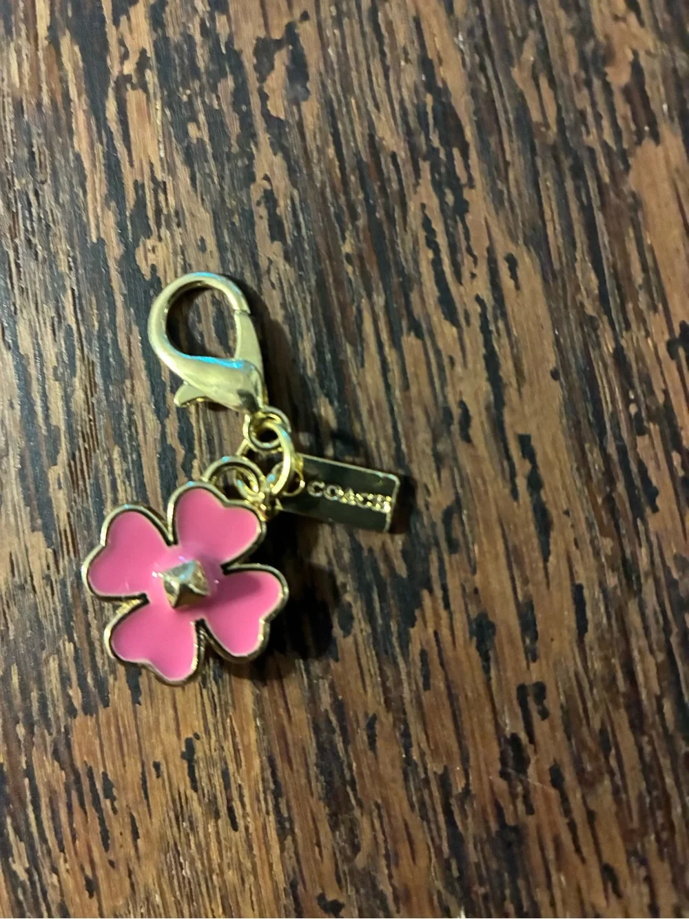 Coach Pink Enamel & Gold Flower Bag Charm Keychain Mini